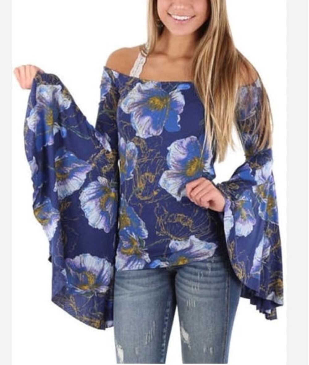 We the Free People Blouse Small Blue Floral Off the Shoulder Bell Sleeves Hippie